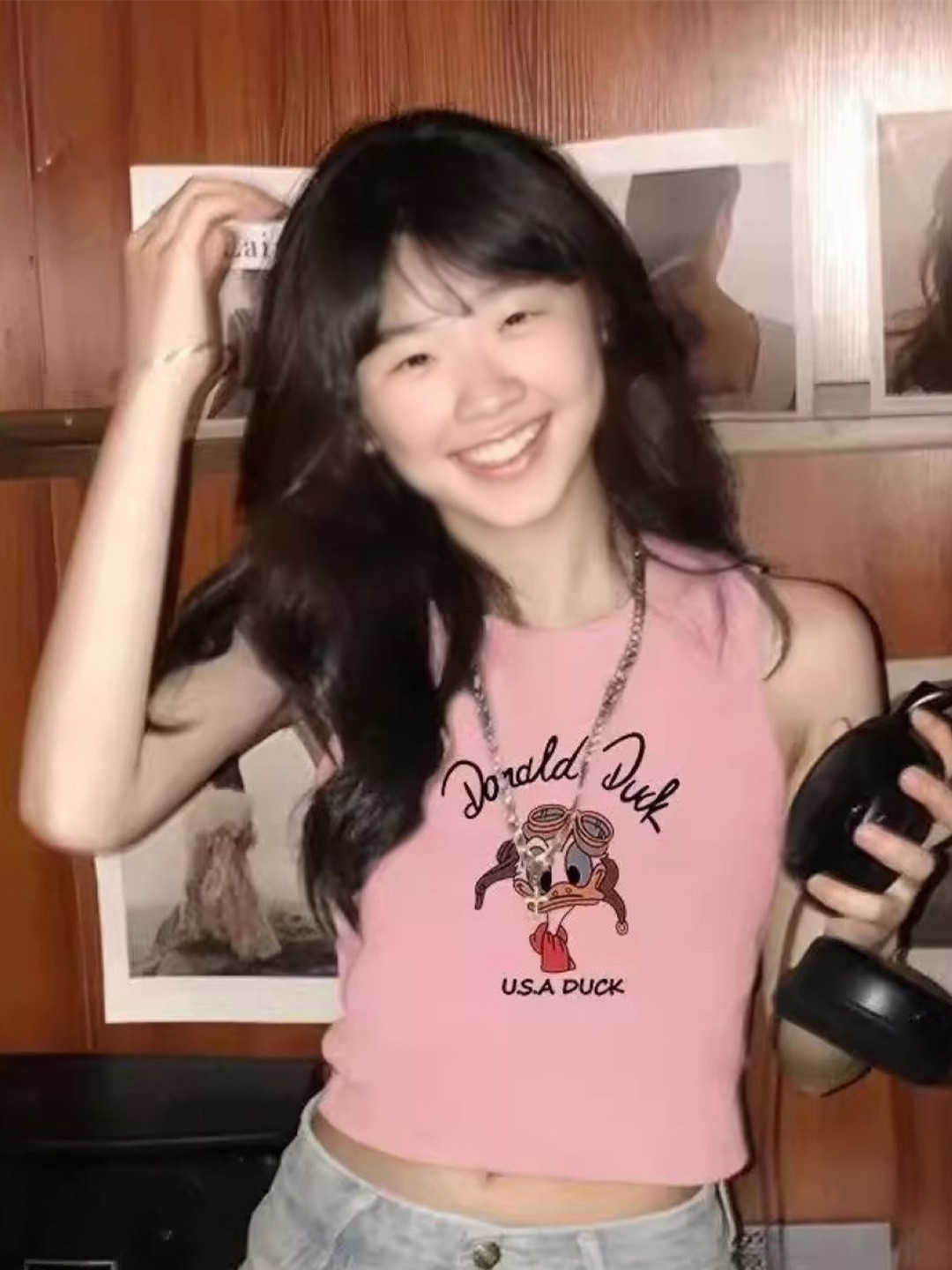 

KPOP Women Printed Round Neck Sleeveless Crop Top, Pink