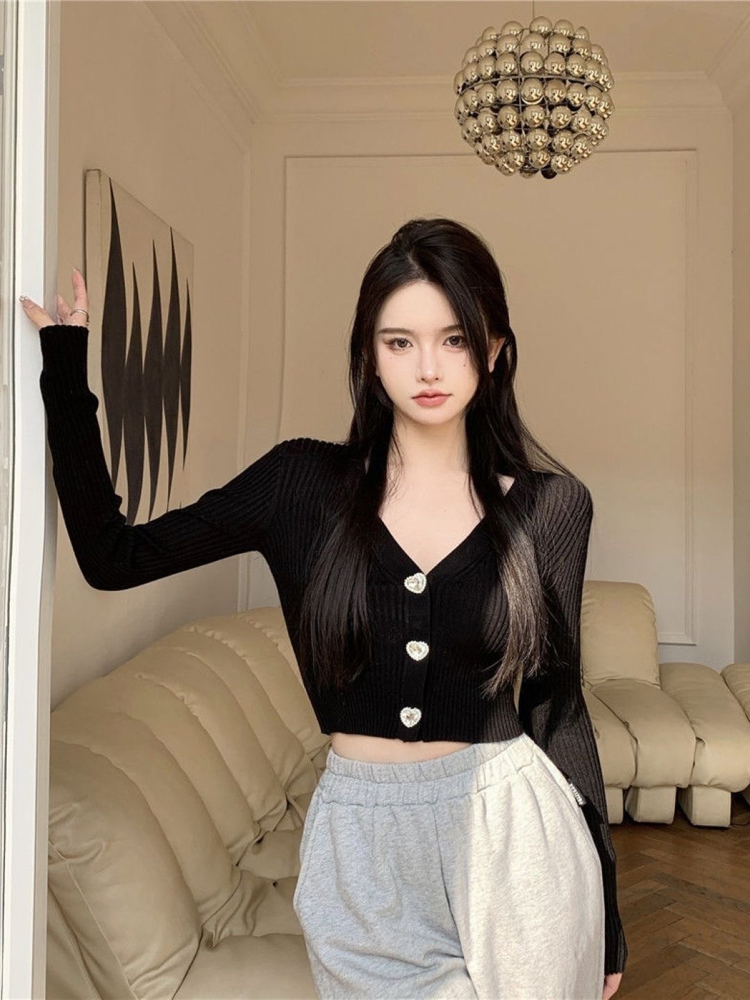 

KPOP Women V-Neck Long Extended Sleeves Shirt Style Crop Top, Black