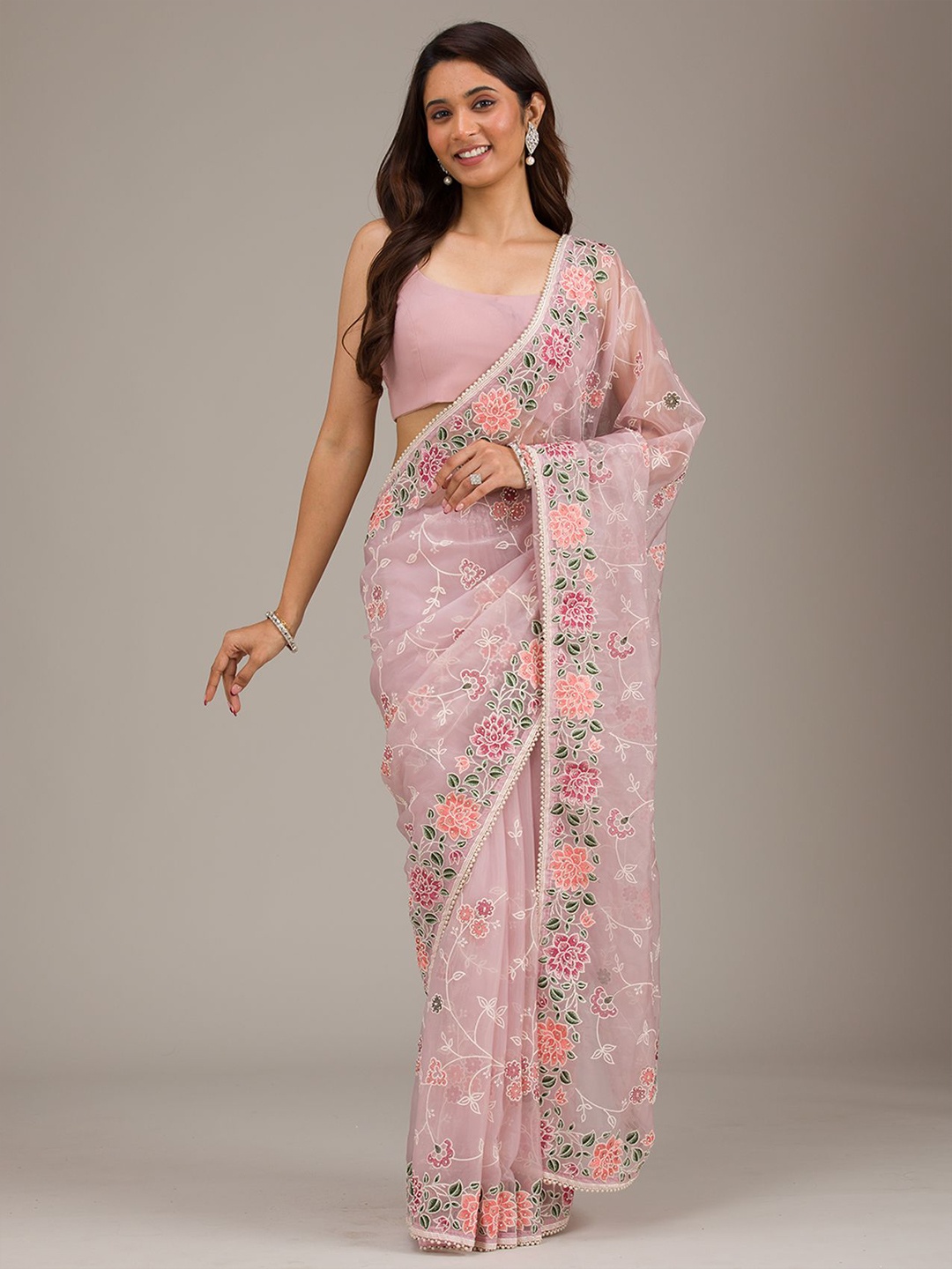 

Koskii Floral Embroidered Organza Saree With Blouse Piece, Pink