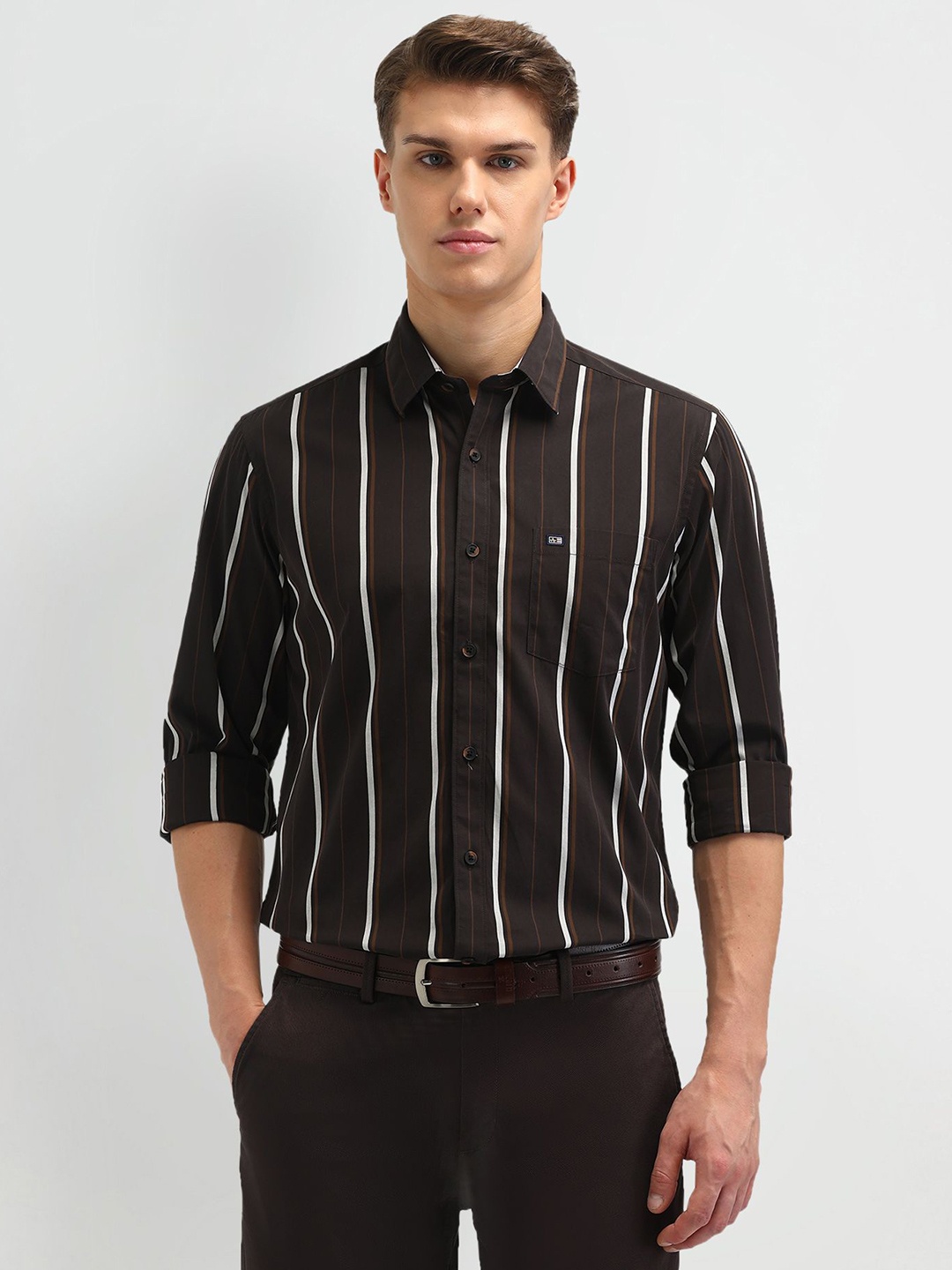 

Arrow Sport Men Slim Fit Opaque Striped Casual Shirt, Brown
