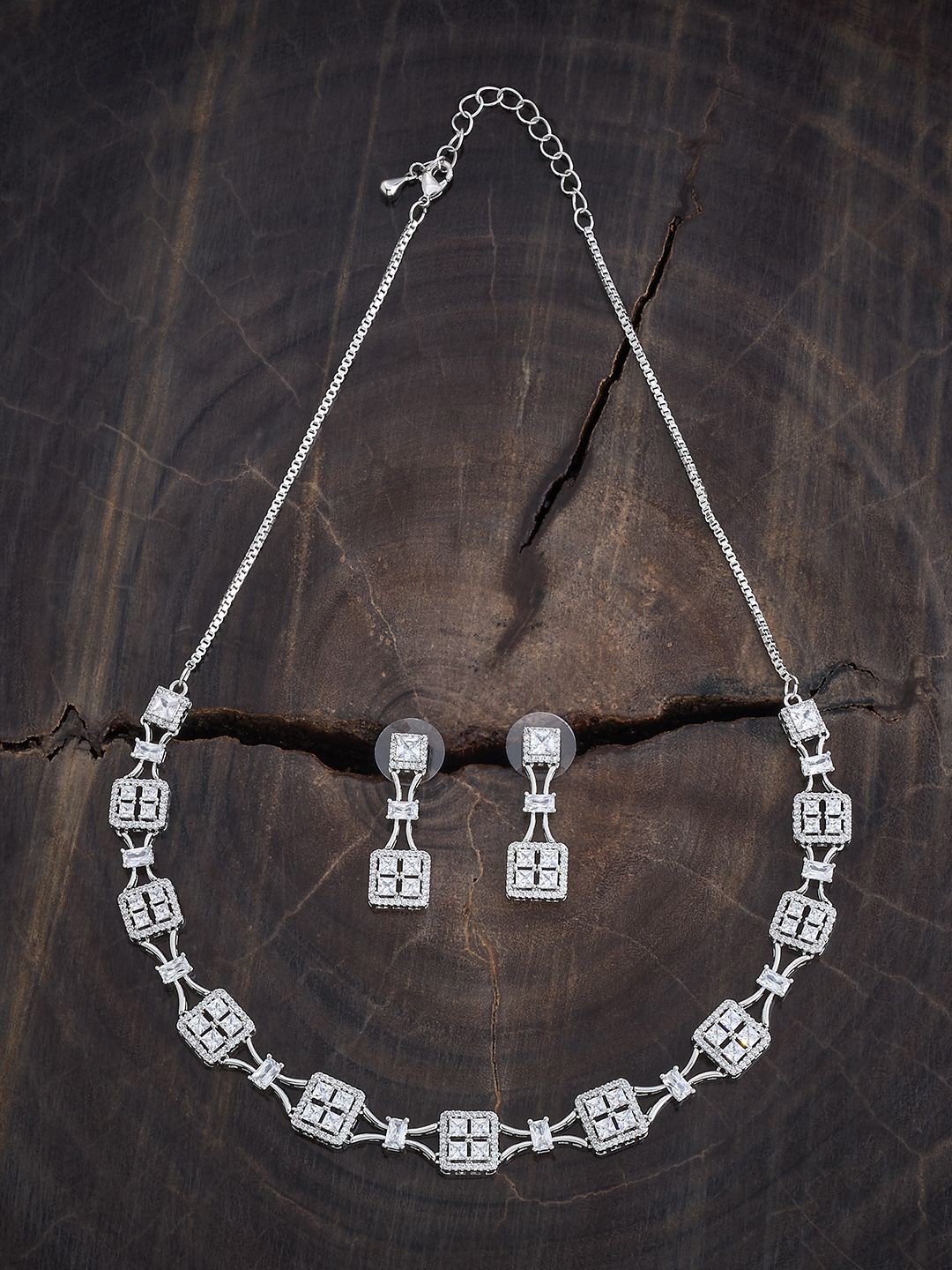 

Kushal's Fashion Jewellery Rhodium Plated CZ Studded Jewellery Set, Silver