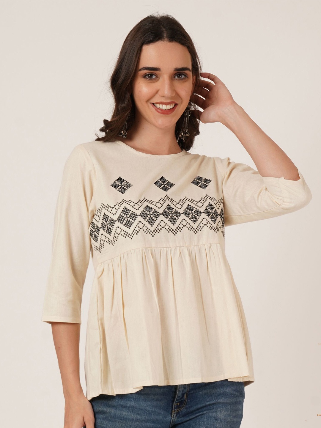 

Brownverse Women Cotton Embroidered Empire Top, Off white