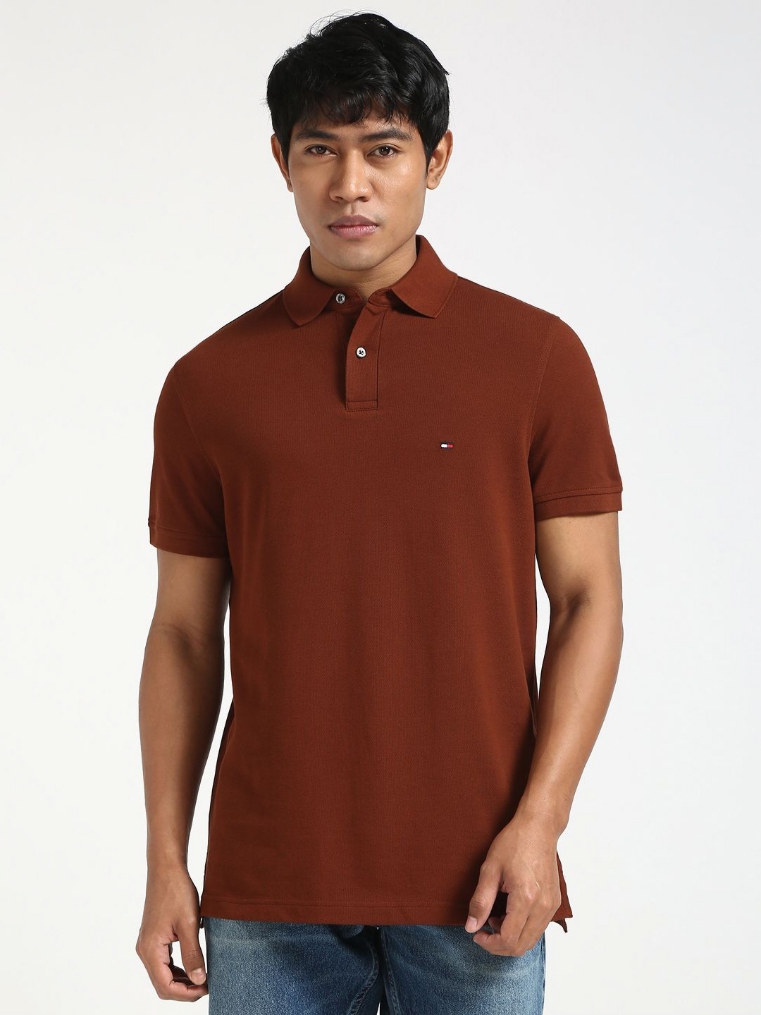 

Tommy Hilfiger Men Solid Polo Collar Cotton T-shirt, Brown