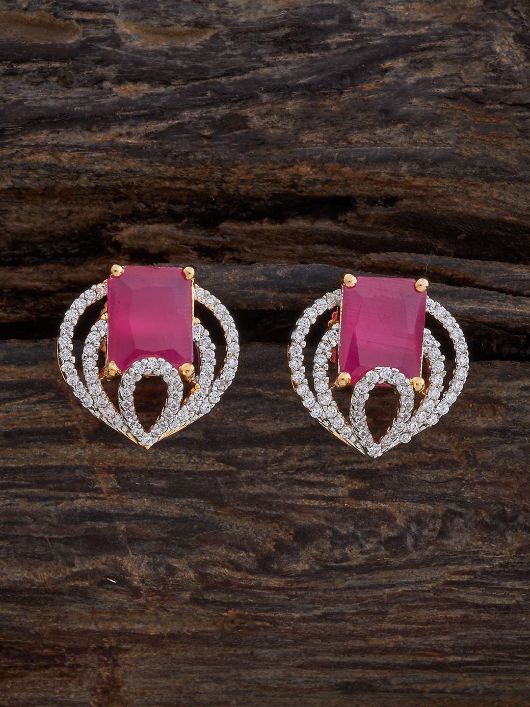 

Kushal's Fashion Jewellery Rhodium-Plated Zircon Studded Teardrop Shaped Studs, Pink