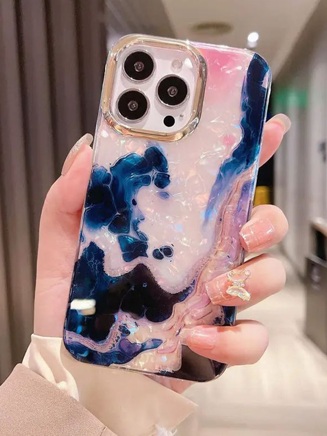 

Luxury Kase Abstract Printed iPhone 14 Pro Back Case Mobile Accessories, Navy blue