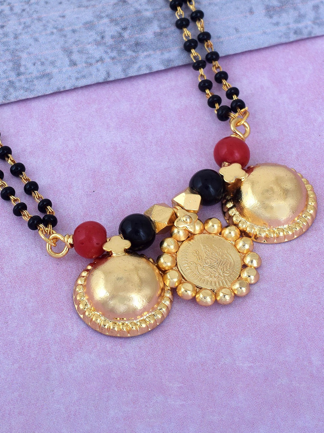 

MEMOIR Gold-Plated Lakshmi 3 Coin Ruby & Beaded Double Waati Mangalsutra