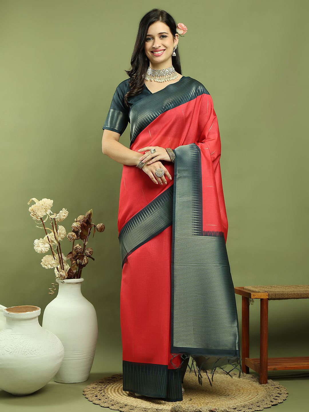 

Stylee LIFESTYLE Woven Design Saree With Blouse Piece, Red