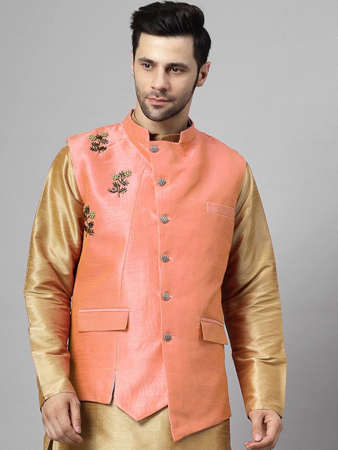 

Utsav Fashion Men Embroidered Nehru Jacket, Peach