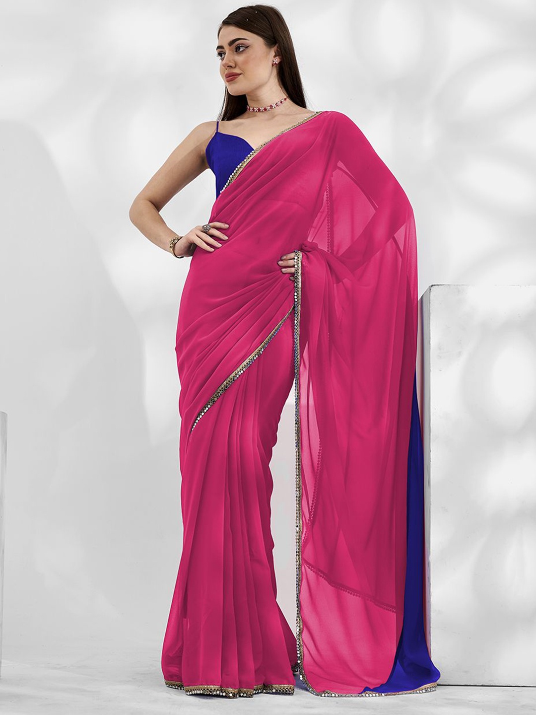 

modeva Women Colourblocked Mirror Work Pure Chiffon Ready to Wear Saree, Pink