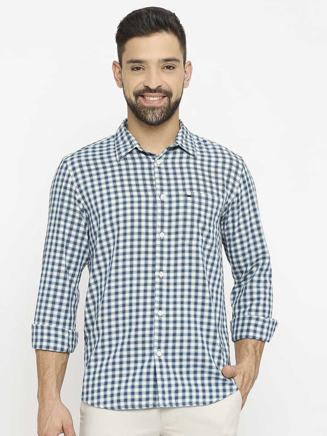 

Basics Men Slim Fit Gingham Checks Opaque Checked Casual Shirt, Blue