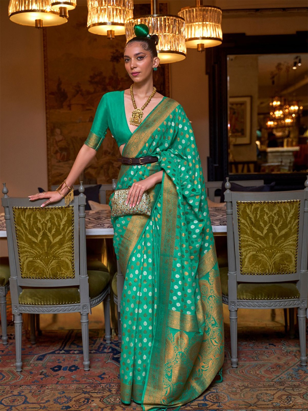 

ODETTE Woven Design Zari Saree With Unstitched Blouse, Green