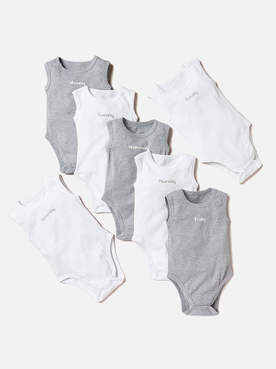 

Juniors by Babyshop Infant Boys Pack Of 7 Printed Cotton Sleeveless Bodysuit, White