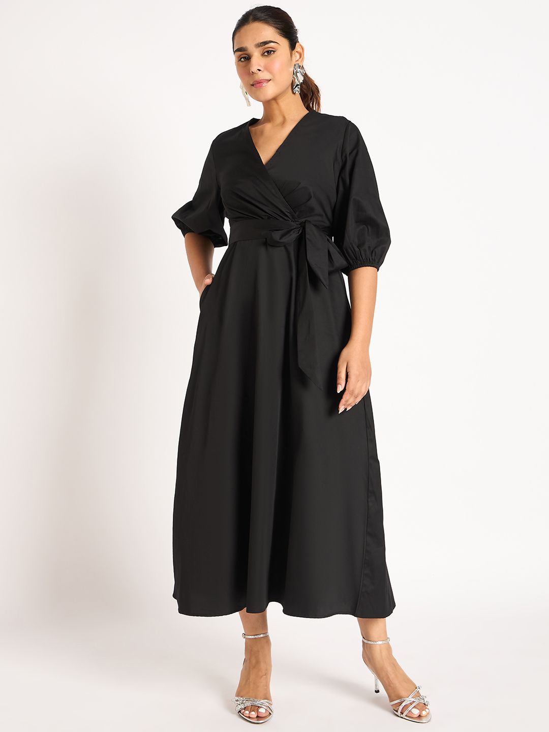 

FEMMELLA Women Puff Sleeve Satin Wrap Dress, Black