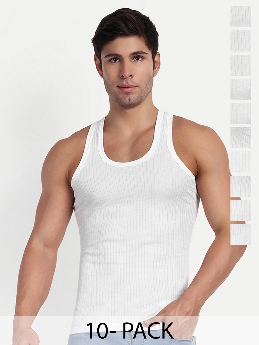 

KANSAL Men Pack Of 10 Striped Cotton Basic Innerwear Vests, White