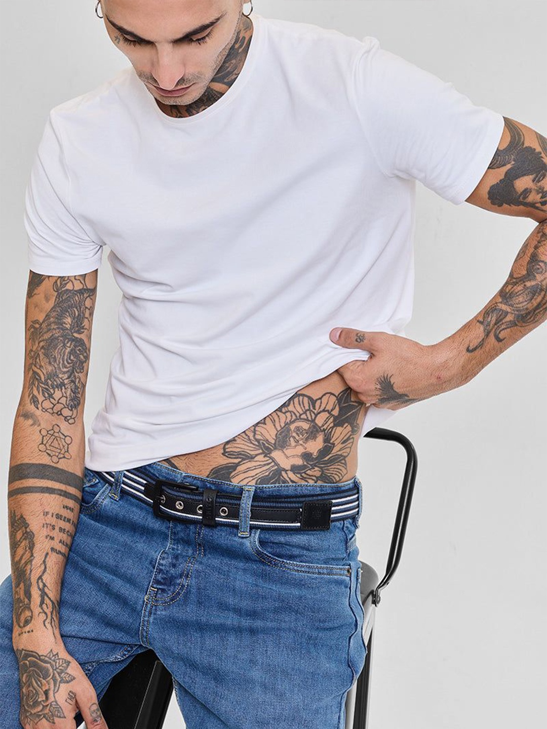 

Snitch Men Striped Slim Belt, Black