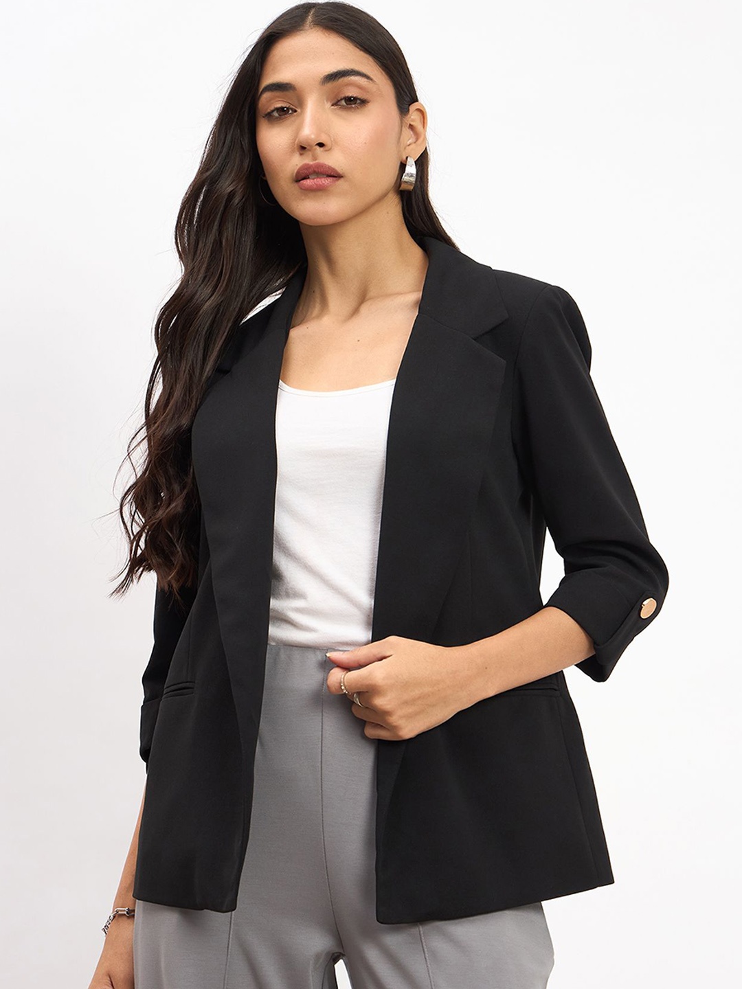 

SALT ATTIRE Women Notched Lapel Collar Blazer, Black