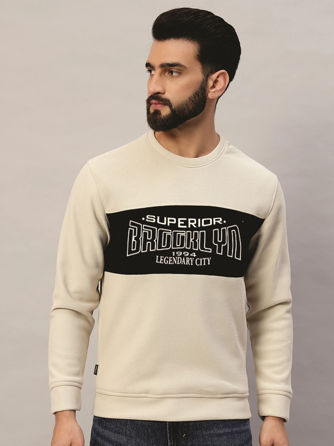 

PROFY Men Printed Round Neck Long Sleeves Pullover Sweatshirt, Off white