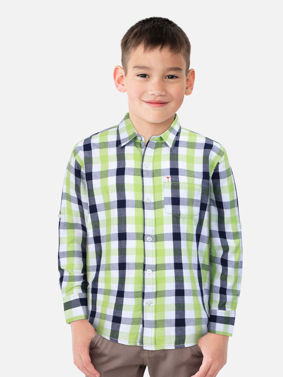 

Palm Tree Boys Standard Opaque Checked Casual Shirt, Green