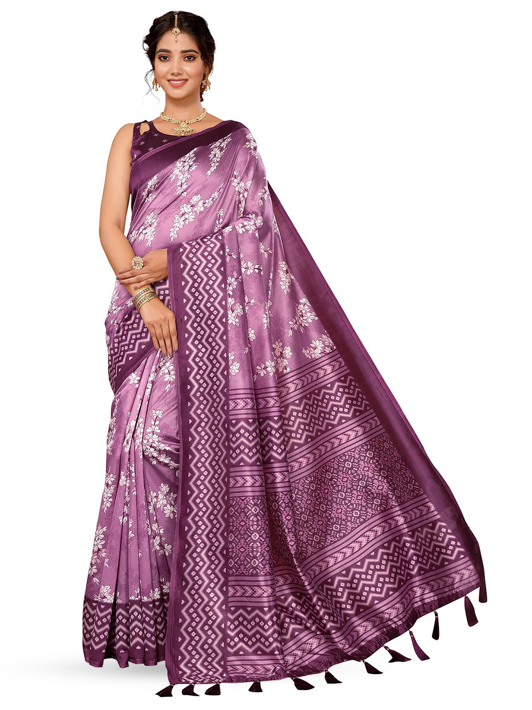 

KALINI Floral Printed Saree With Tassels, Purple