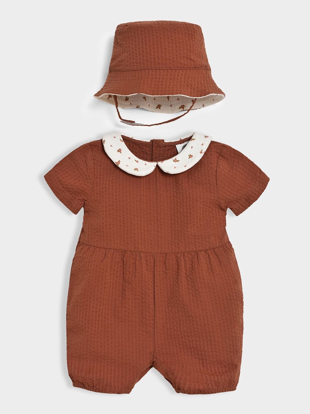 

MiArcus Girls Printed Cotton Peter Pan Collar Basic Jumpsuit with Cap, Brown