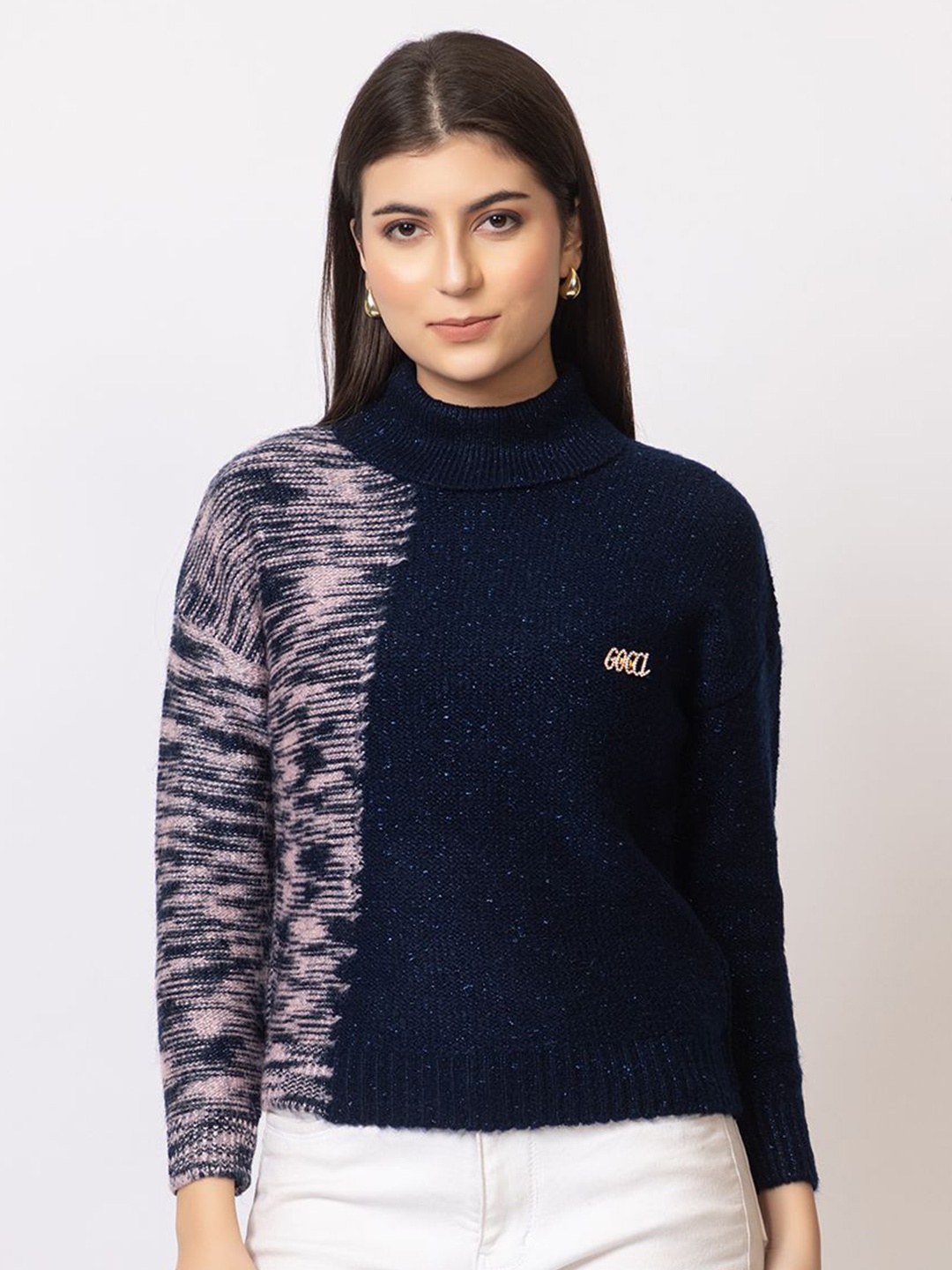

GFO Women Colourblocked Pullover Sweaters, Navy blue