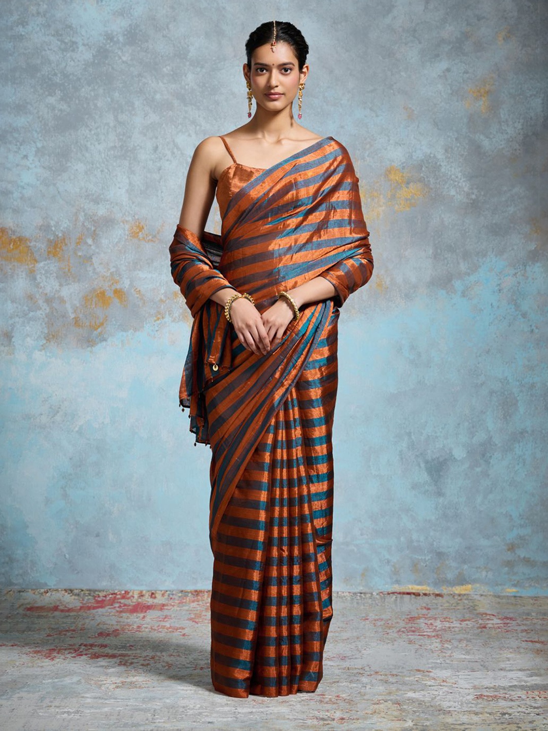 

Dressfolk Striped Tissue Chanderi Saree, Copper