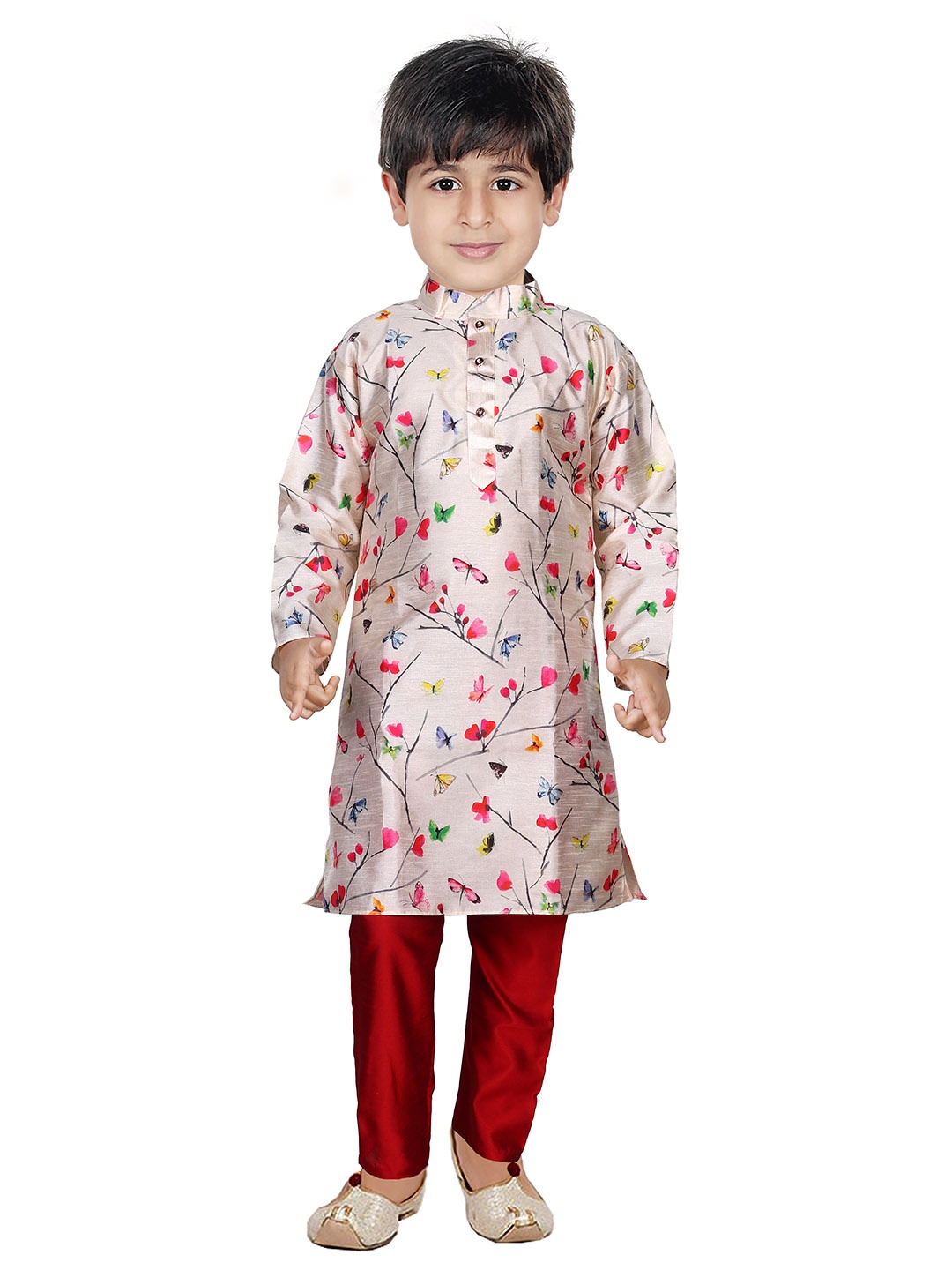 

BAESD Boys Floral Printed Regular Dupion Silk Kurta with Trousers, Beige