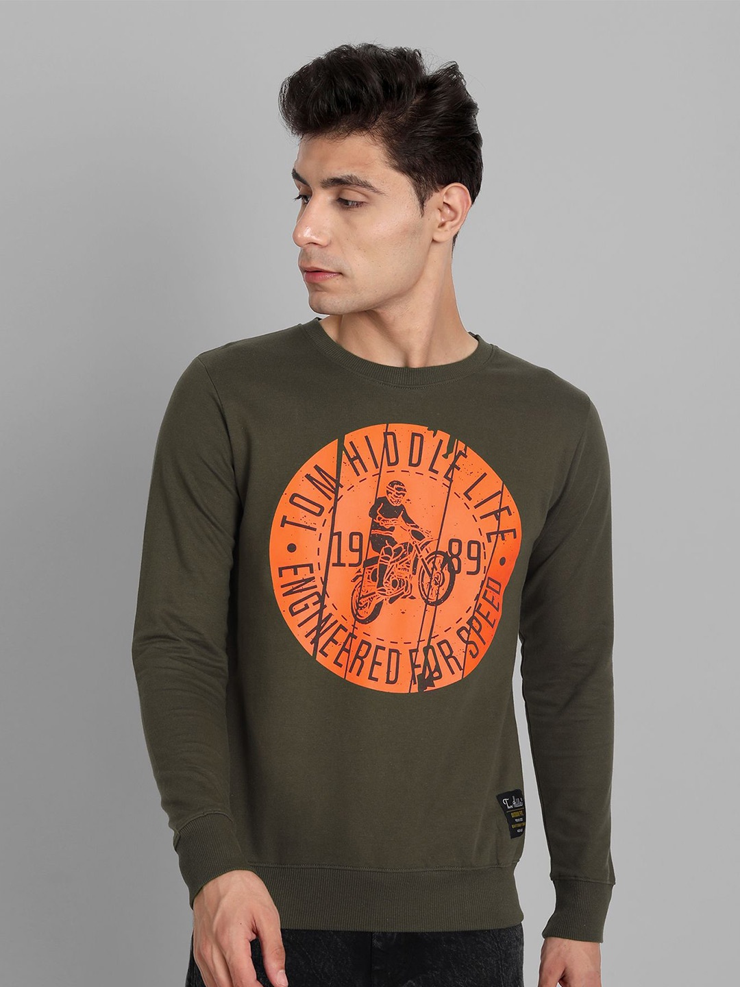 

TOMHIDDLE Men Printed Round Neck Pure Cotton Sweatshirt, Green