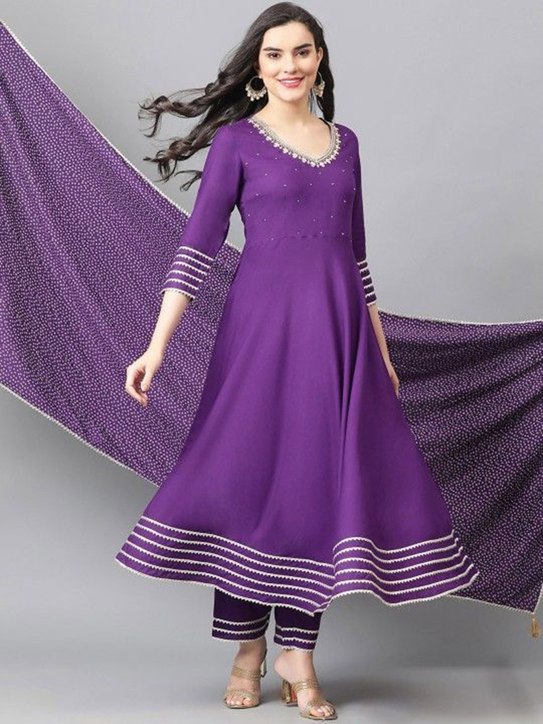 

IkDaiya Women Ethnic Motifs Embroidered Angrakha Gotta Patti Kurta with Trousers & With Dupatta, Purple