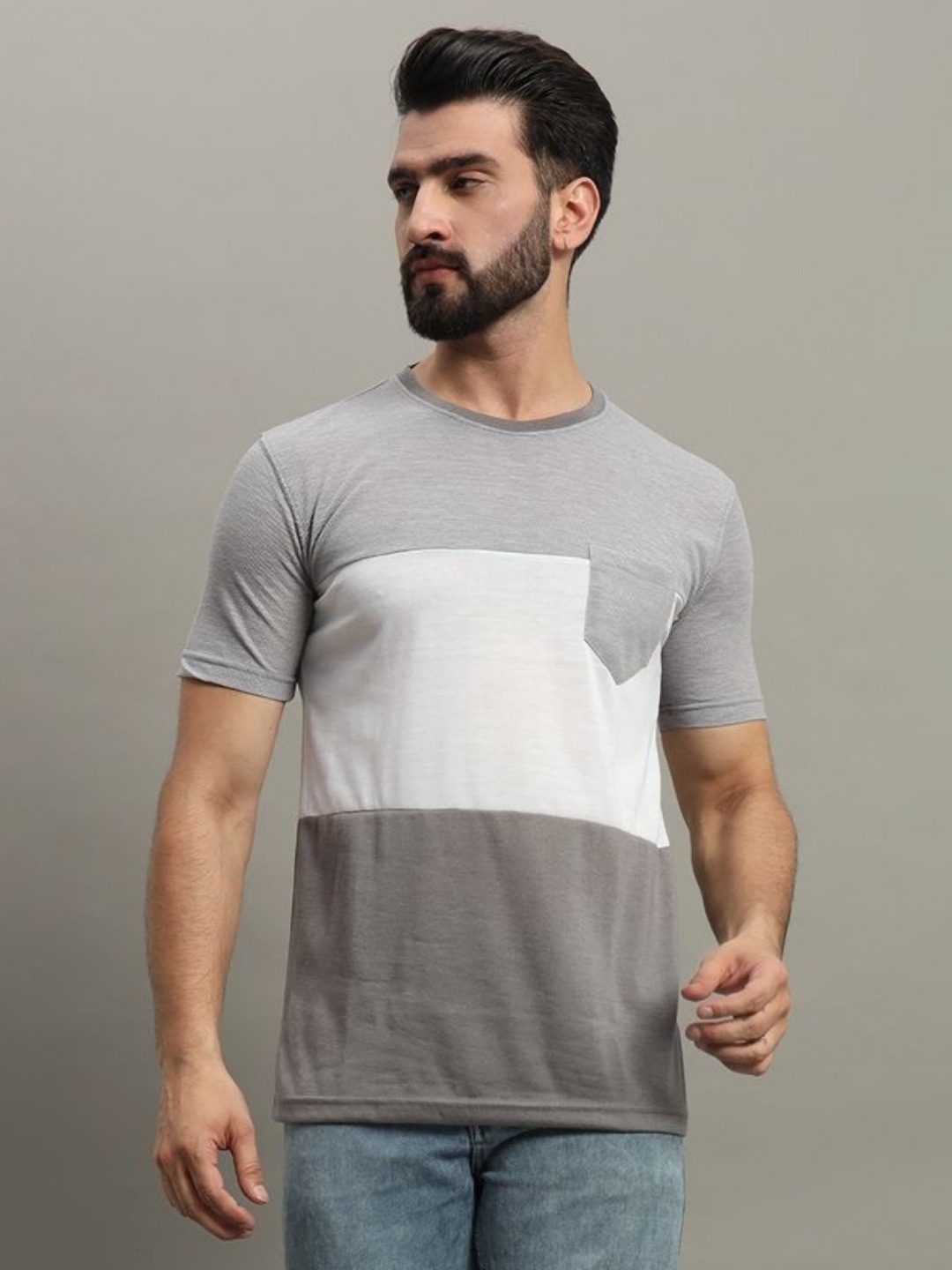 

GET GOLF Men Colourblocked Round Neck Cotton T-shirt, Grey