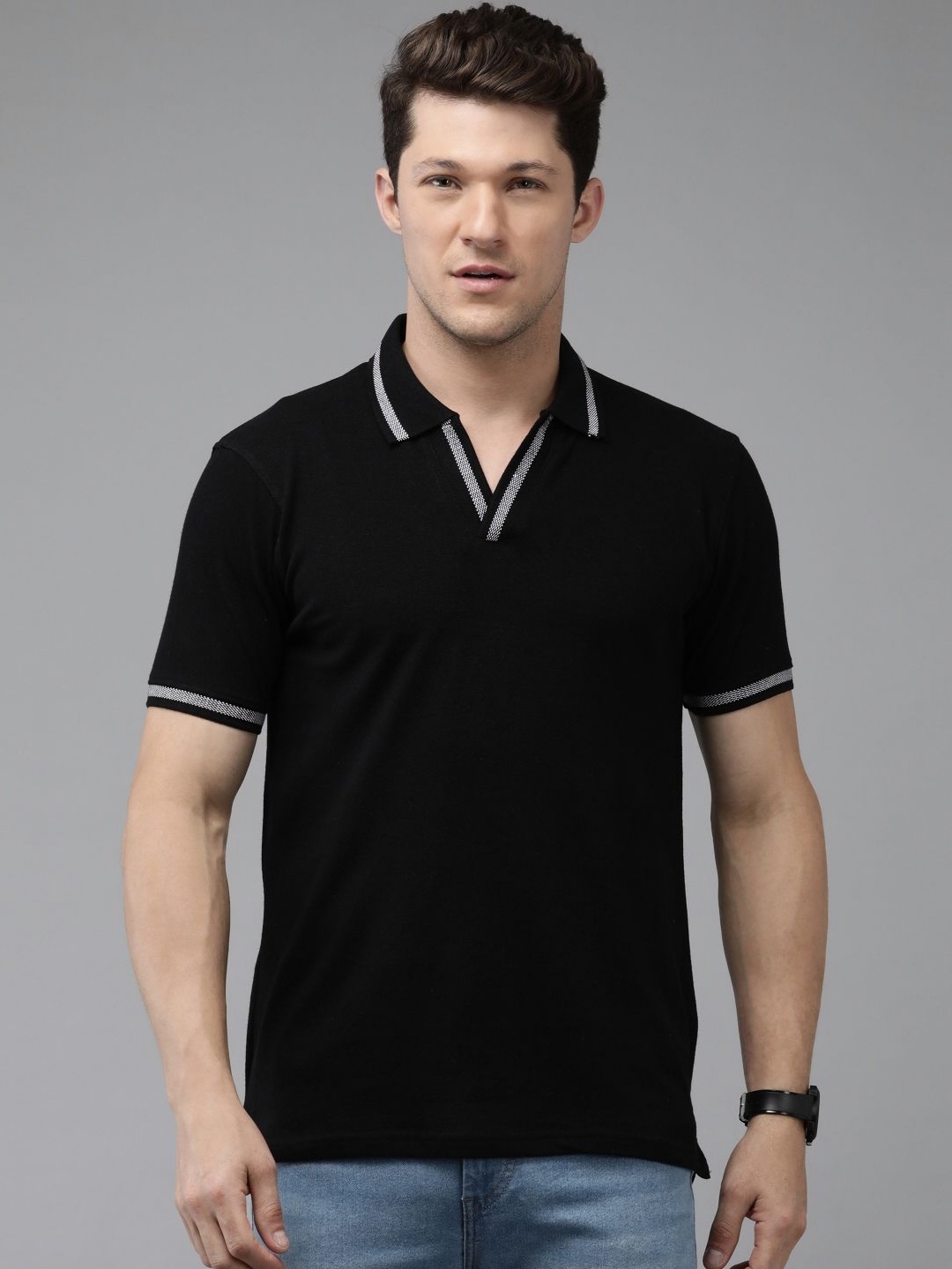 

Provogue Men Polo Collar Cut Outs Slim Fit T-shirt, Black