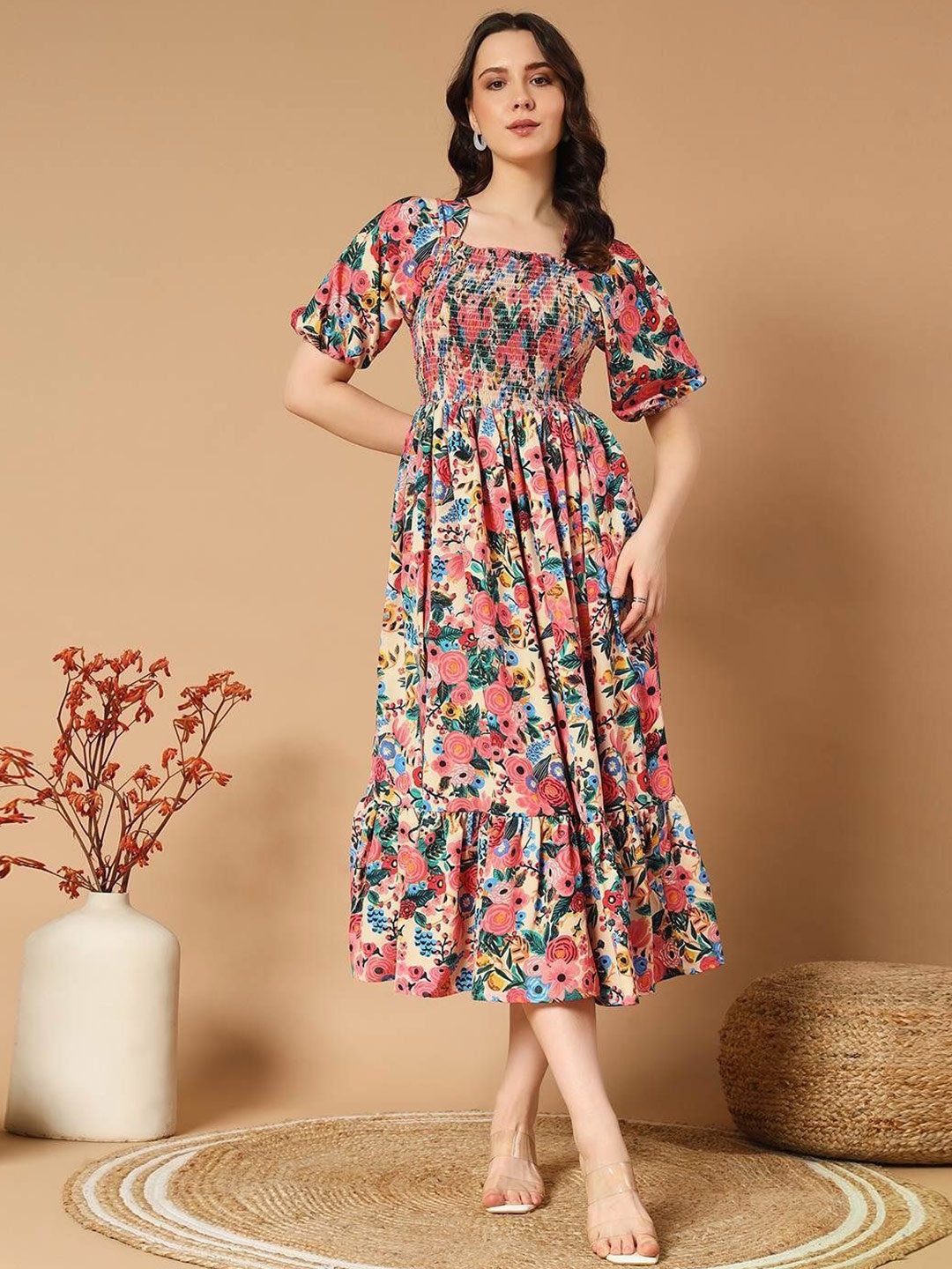 

Femvy Floral Printed Smocked Detail Puff Sleeve Fit & Flare Dress, Pink