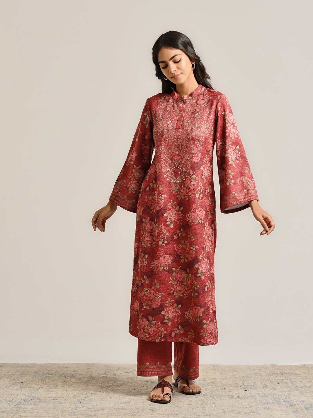 

Rustorange Floral Printed Woollen A Line Kurta, Maroon