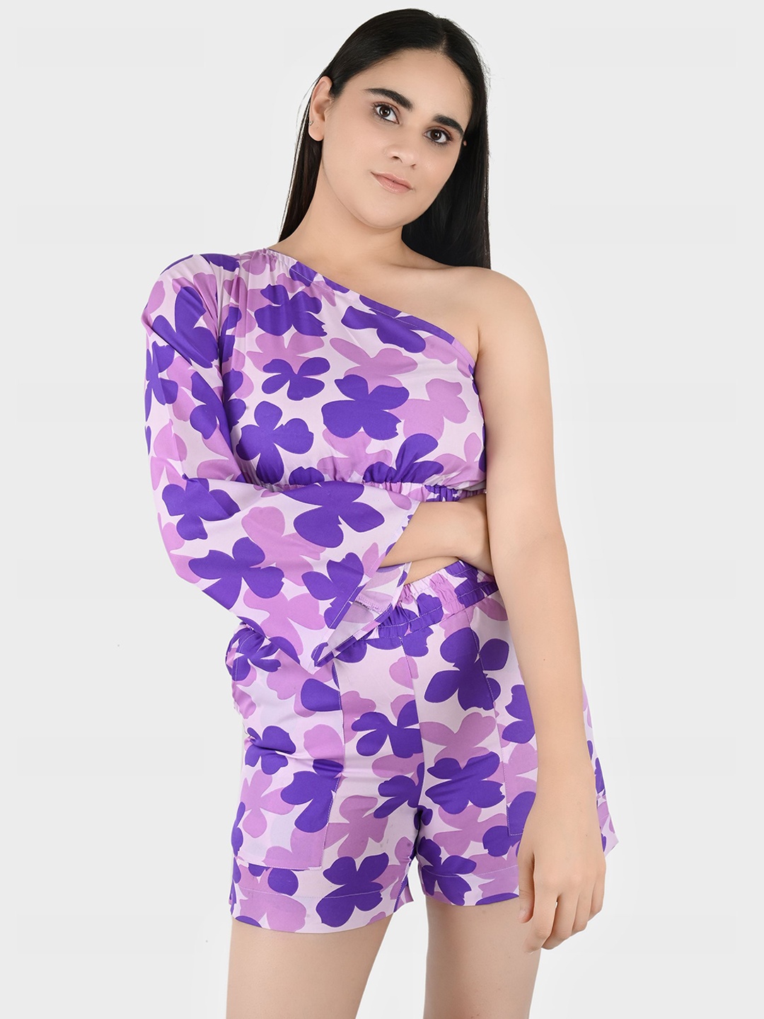 

Blissence Women One-Shoulder & Shorts Swimwear Cover-up Set, Purple