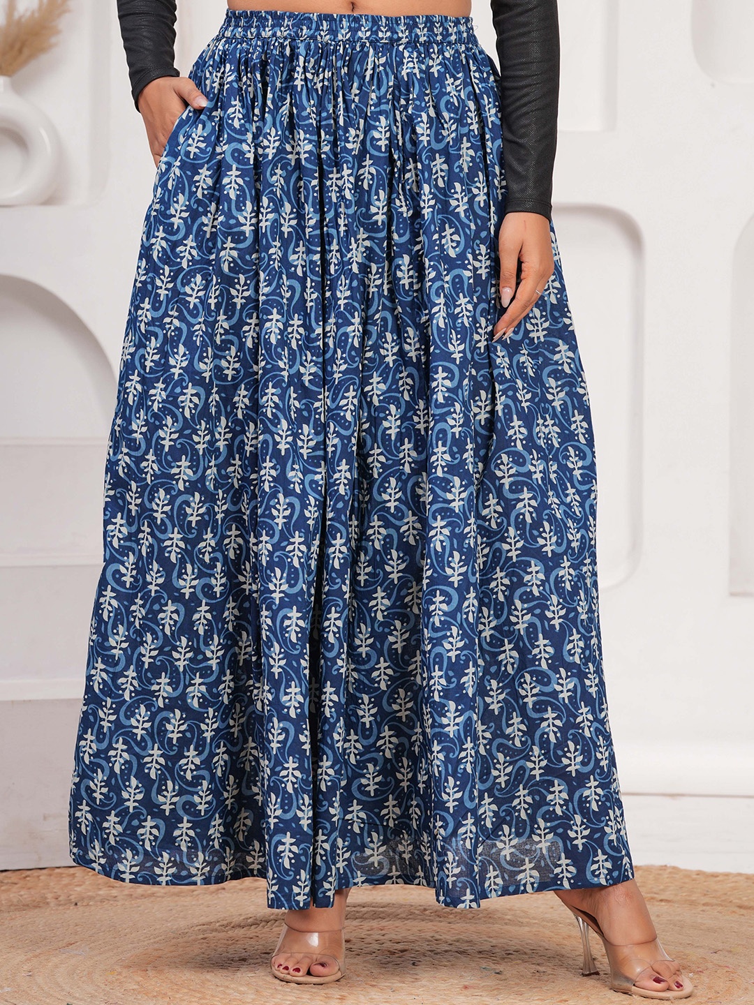 

Nayo Women Floral Printed Pure Cotton Flared Skirt, Blue