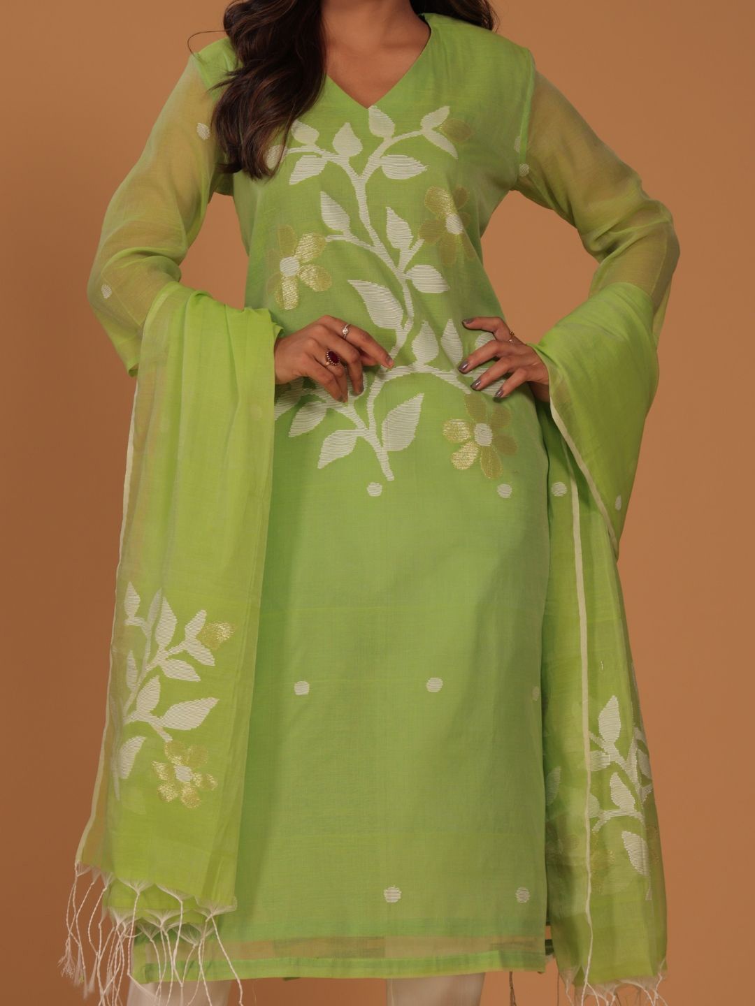 

Indeloom Pure Cotton Unstitched Dress Material, Lime green