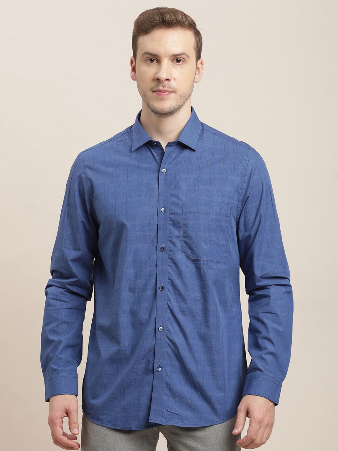 

Turtle Men Classic Slim Fit Grid Tattersall Checks Opaque Checked Formal Shirt, Blue