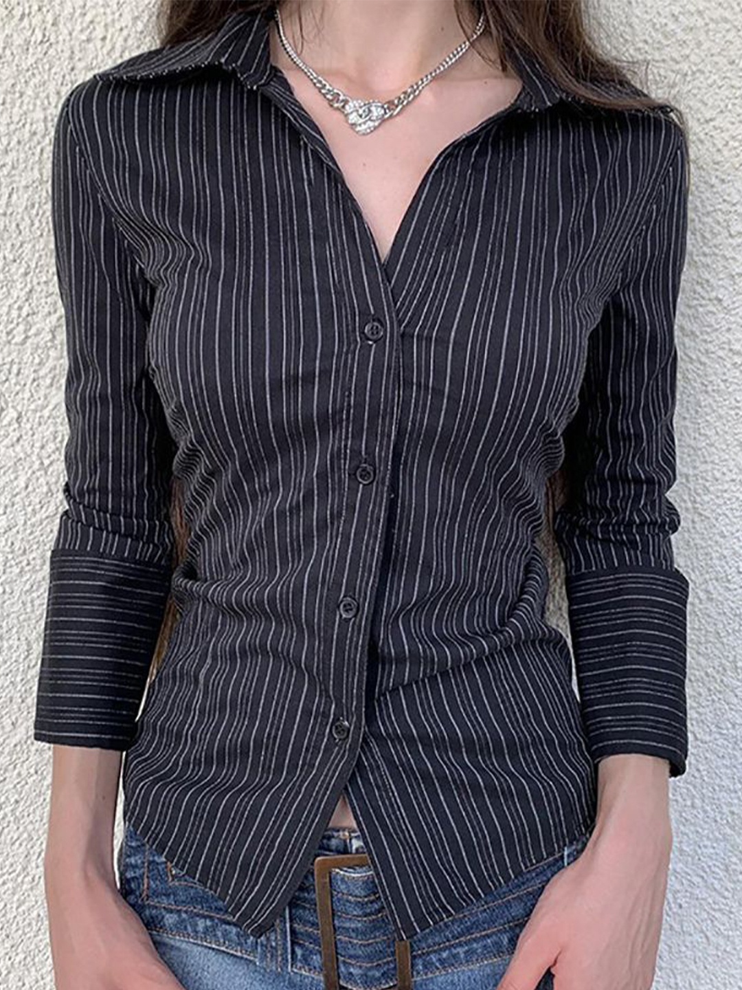 

StyleCast x Revolte Women Opaque Striped Casual Shirt, Black