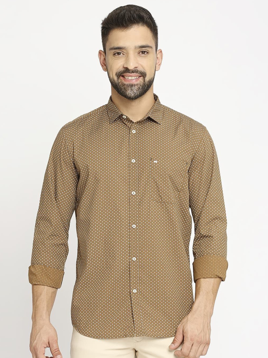 

Basics Men Slim Fit Opaque Printed Casual Shirt, Khaki