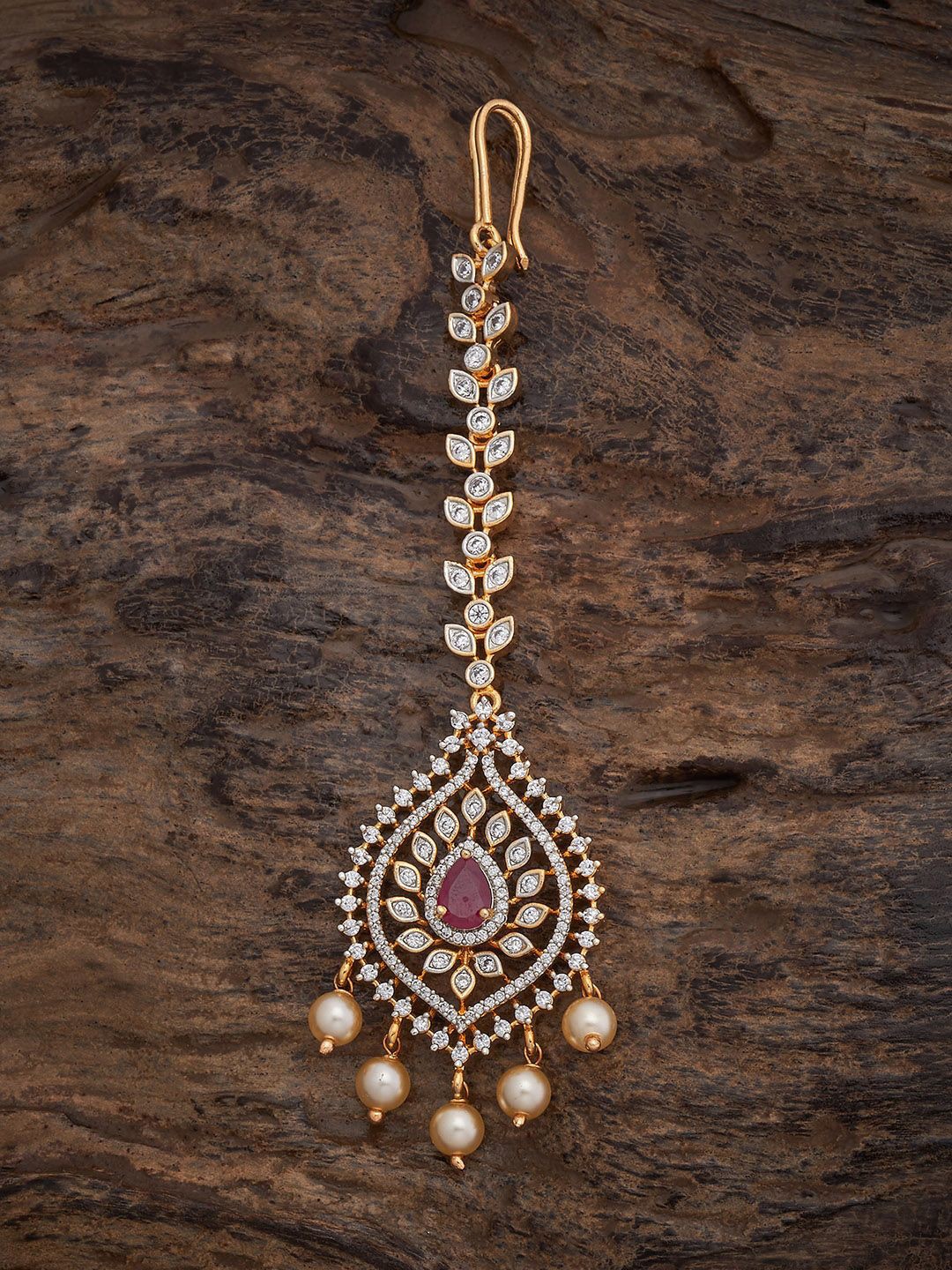 

Kushal's Fashion Jewellery Rhodium Gold Plated CZ Stone Studded & Beaded Maang Tikka