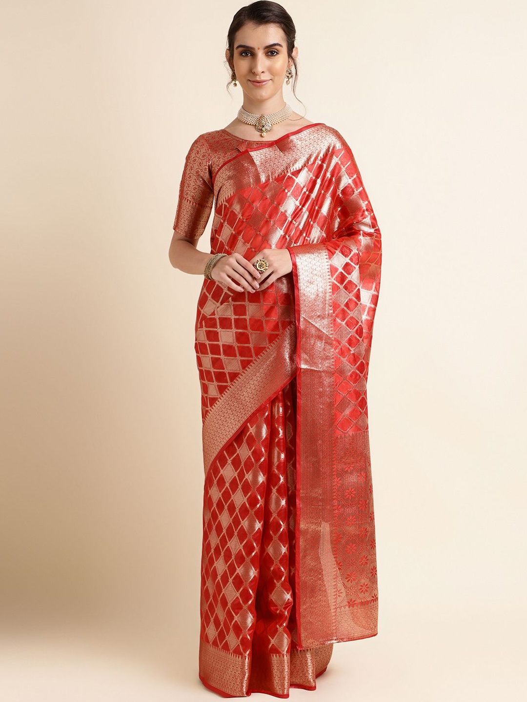 

SHRIMAY Woven Design Organza Ready to Wear Saree, Red