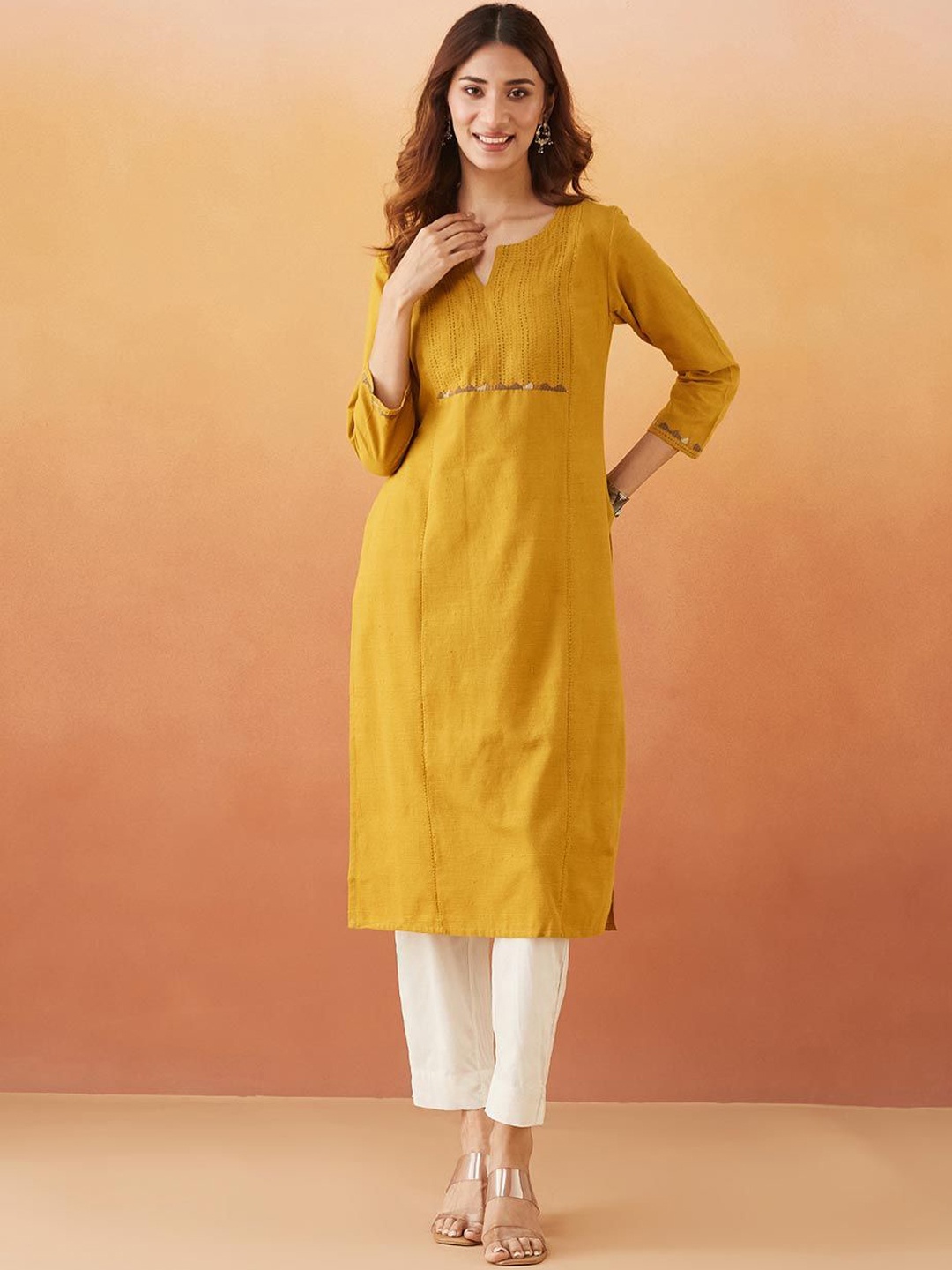 

Fabindia Women Mirror Work Kurta, Yellow