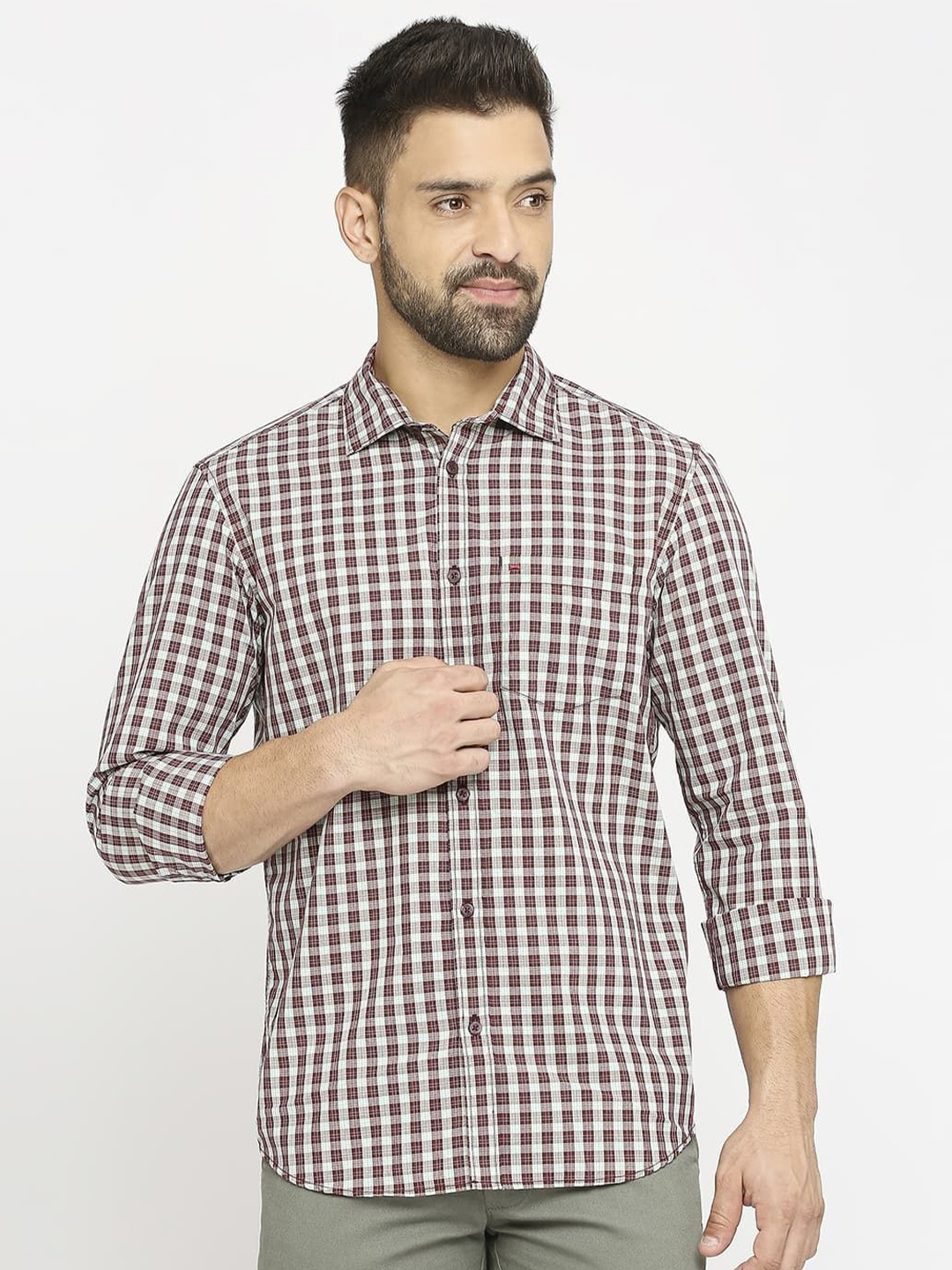 

Basics Men Slim Fit Gingham Checks Opaque Checked Casual Shirt, Red
