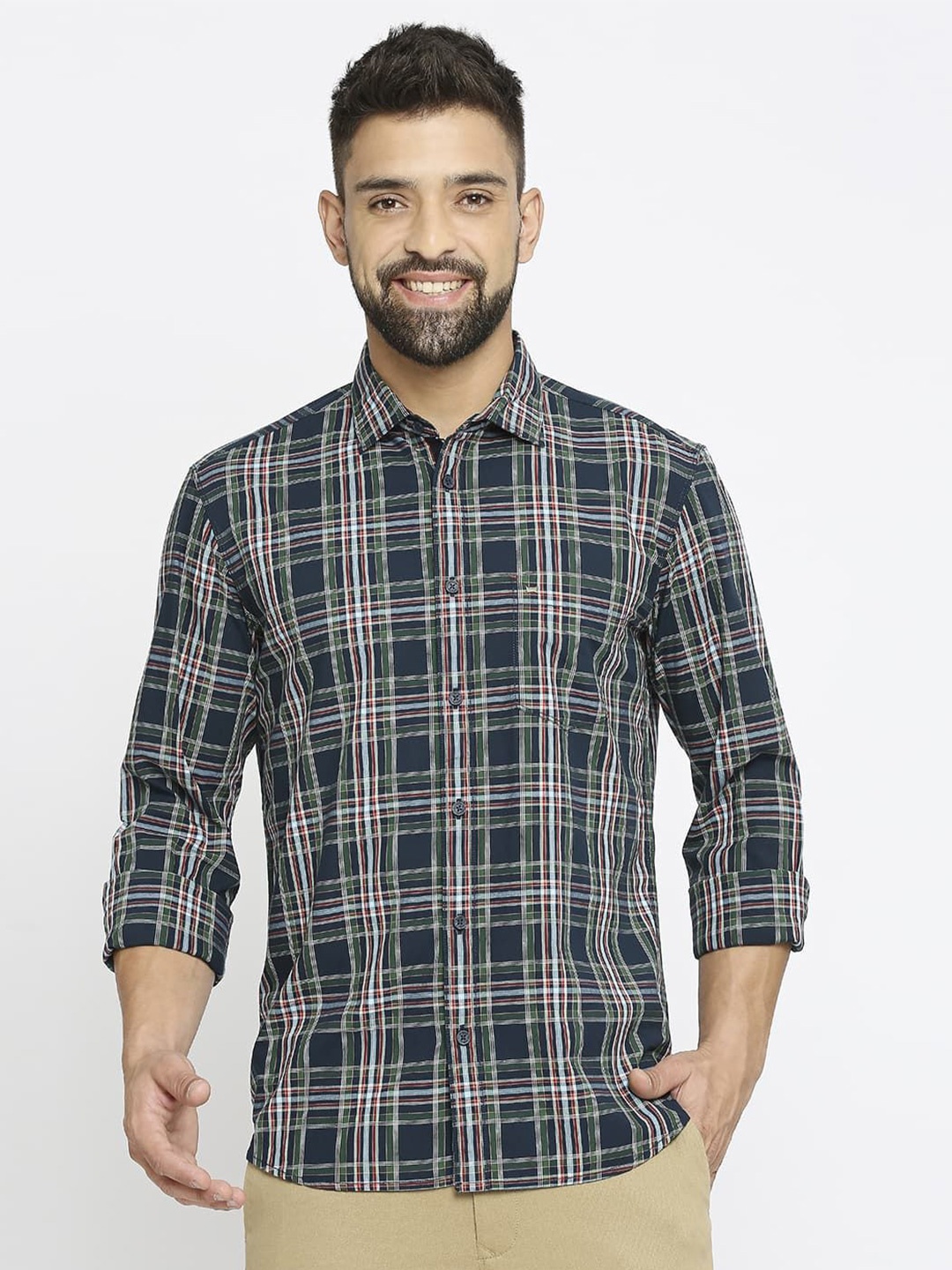 

Basics Men Slim Fit Tartan Checks Opaque Checked Casual Shirt, Blue