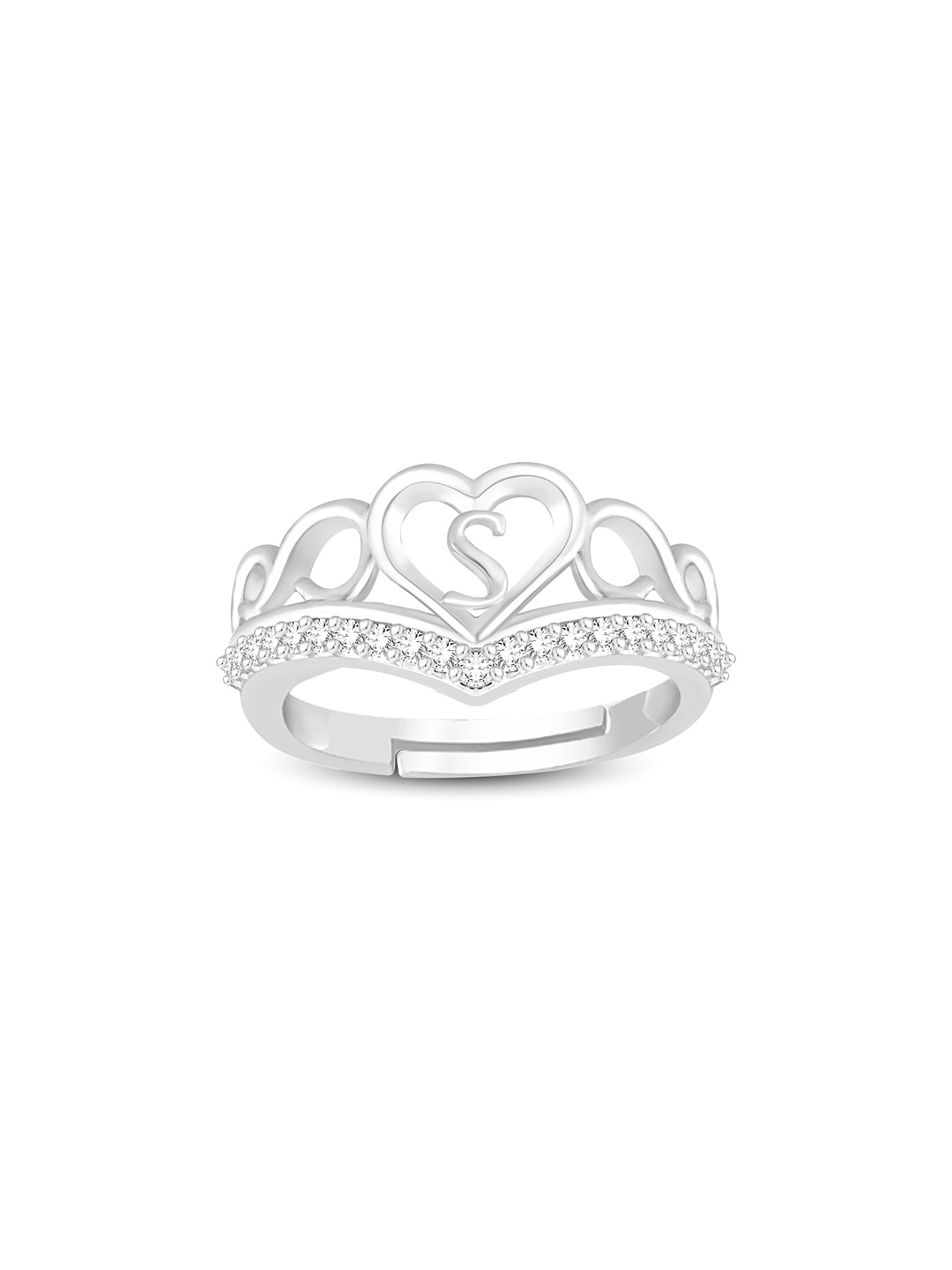 

Lila Unisex Silver-Plated Cubic Zirconia Stone Studded Alphabet S Adjustable Finger Ring