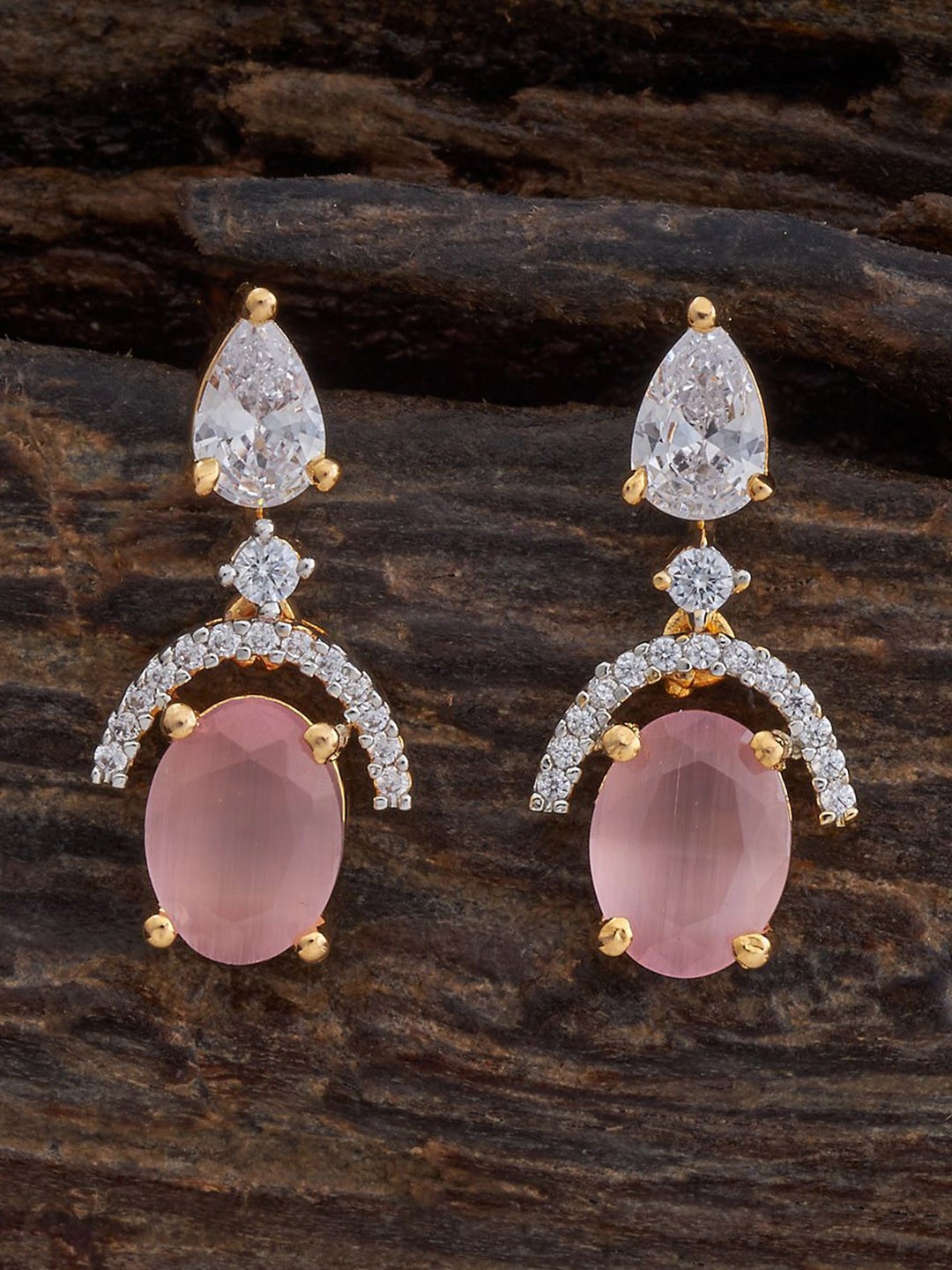 

Kushal's Fashion Jewellery Rhodium-Plated Zircon Studded Teardrop Shaped Drop Earrings, Pink