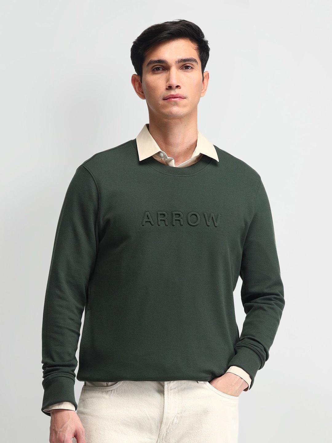 

Arrow Sport Men Brand Logo Printed Cotton Round Neck Sweatshirt, Green