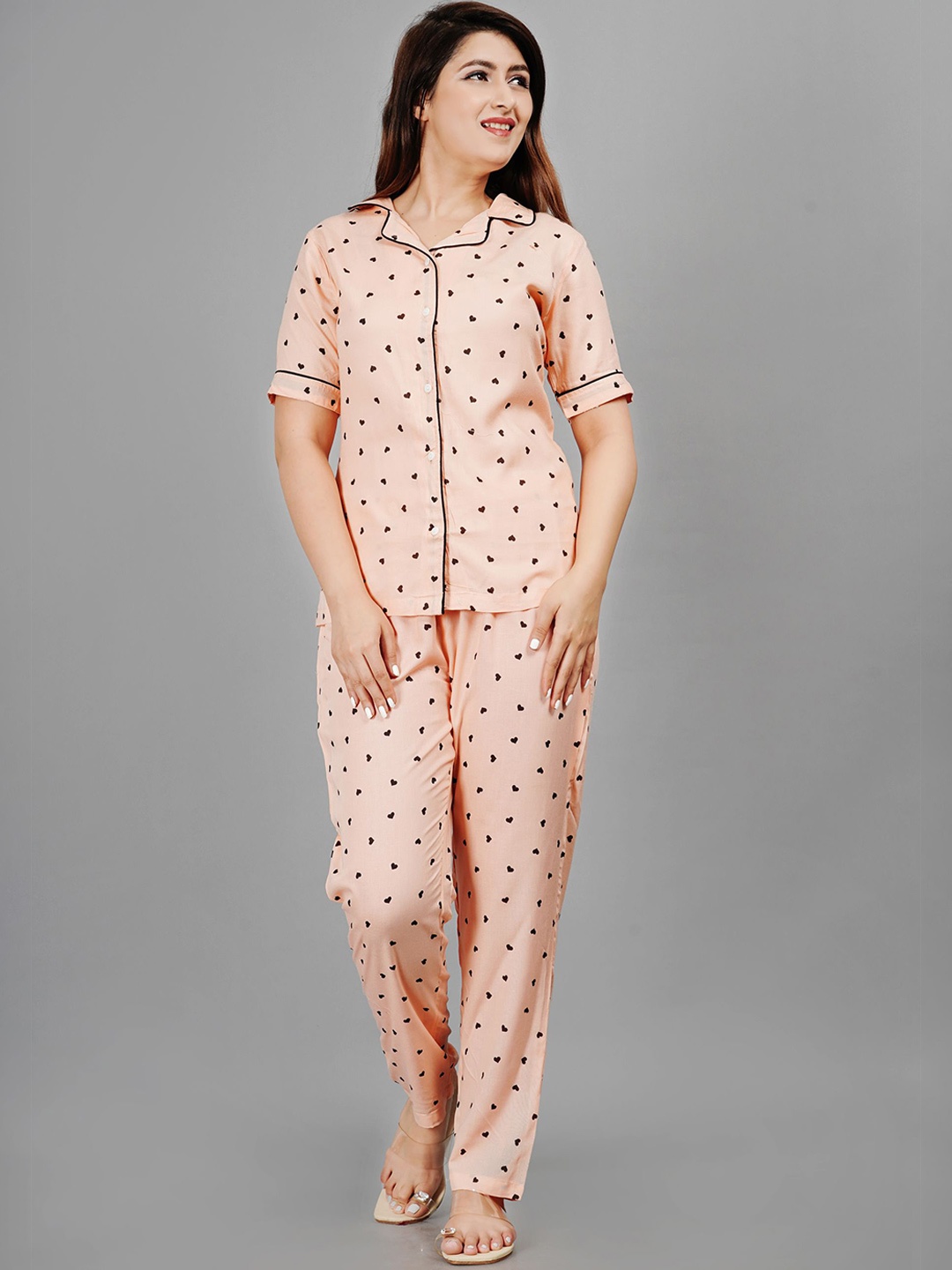 

Dreambe Printed Shirt With Pyjama Nightsuit, Peach