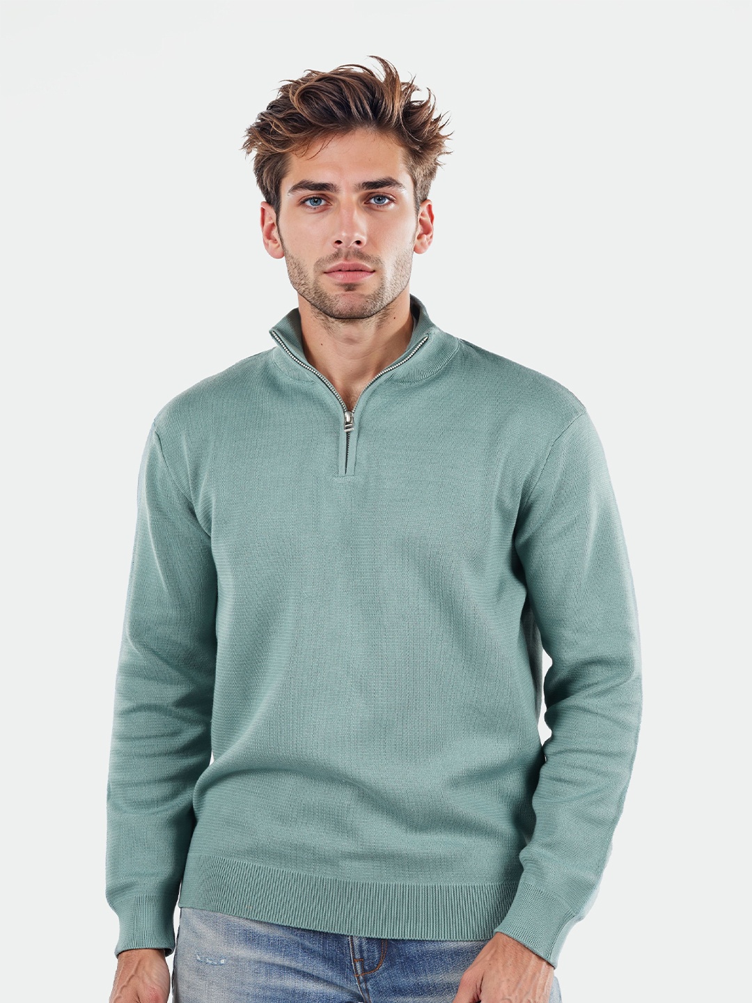 

Celio Men Mock Collar Half Zipper Pullover, Green