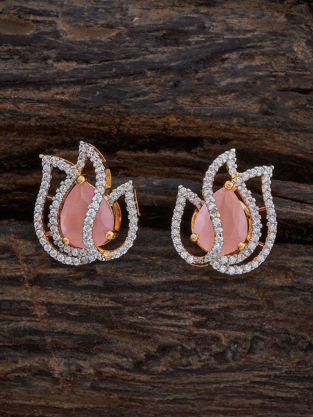 

Kushal's Fashion Jewellery Rhodium Plated Zircon Studded Geometric Studs Earrings, Pink